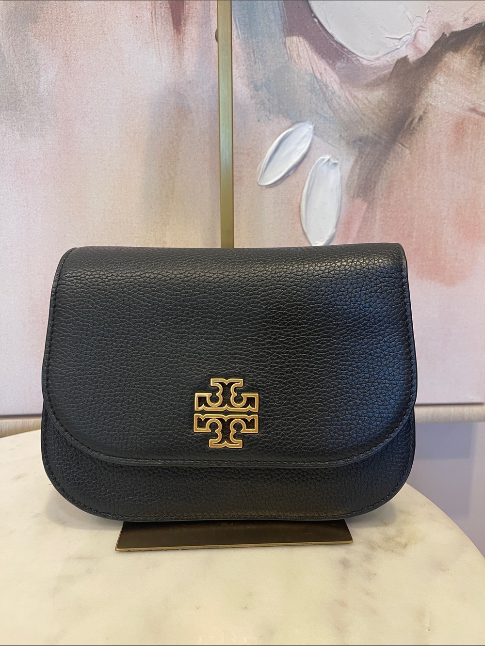 Tory Burch Black Britten Pebbled Leather Logo Crossbody